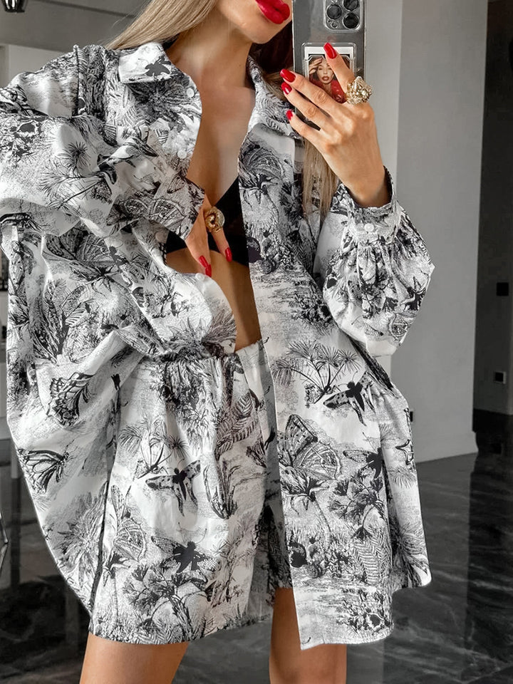 Dame oversize skjorte bluse- og shorts-sæt med blomstret print og afslappet snit Stilla