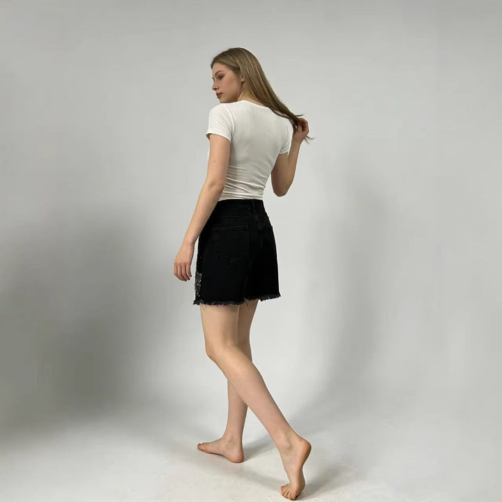 Dame Designer Denim-shorts med trendy kædeudsmykninger Skovae