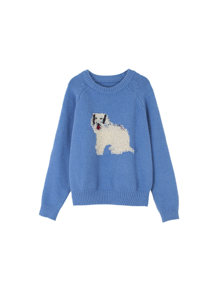 Dame strikket pullover med legesygt hundemotiv og elegante ruffleafslutninger Stilla