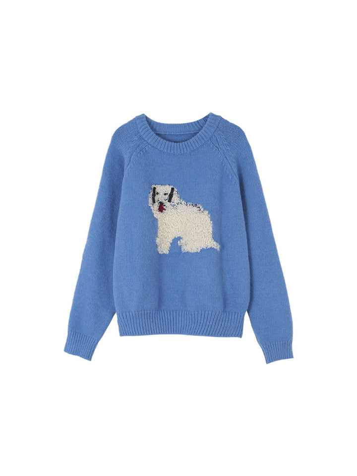 Dame strikket pullover med legesygt hundemotiv og elegante ruffleafslutninger Stilla