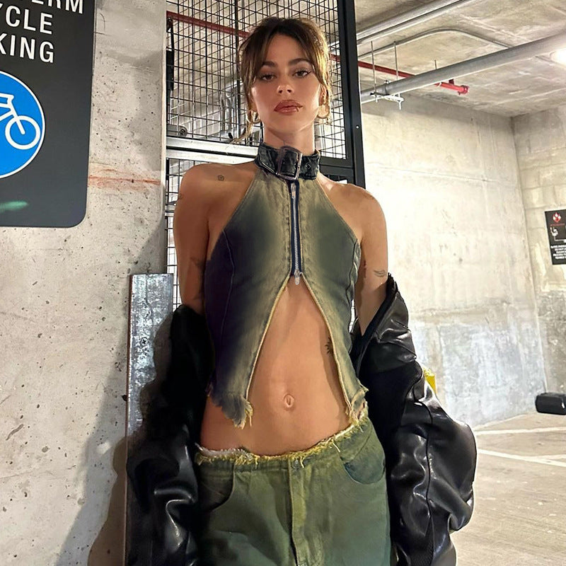 Damer moderigtigt Denim-Crop-Top med høj krave og lynlås Stilla