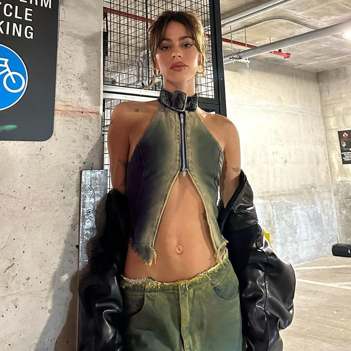 Damer moderigtigt Denim-Crop-Top med høj krave og lynlås Stilla