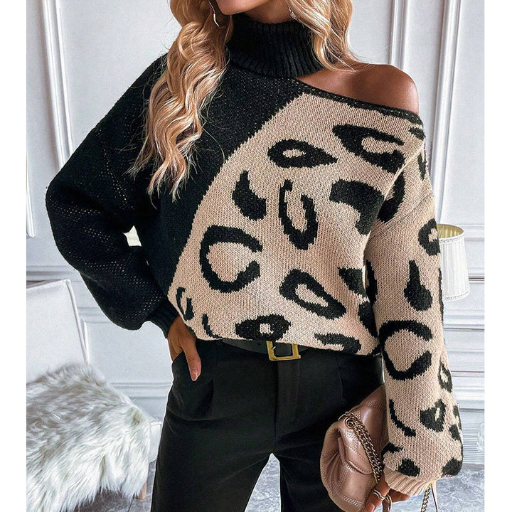 Kvindernes strikkede sweater med moderigtigt leopardmønster og høj krave Stilla