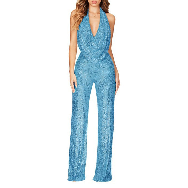 Dame glamourøs jumpsuit med glitrende pailletter og dyb udskæring Stilla