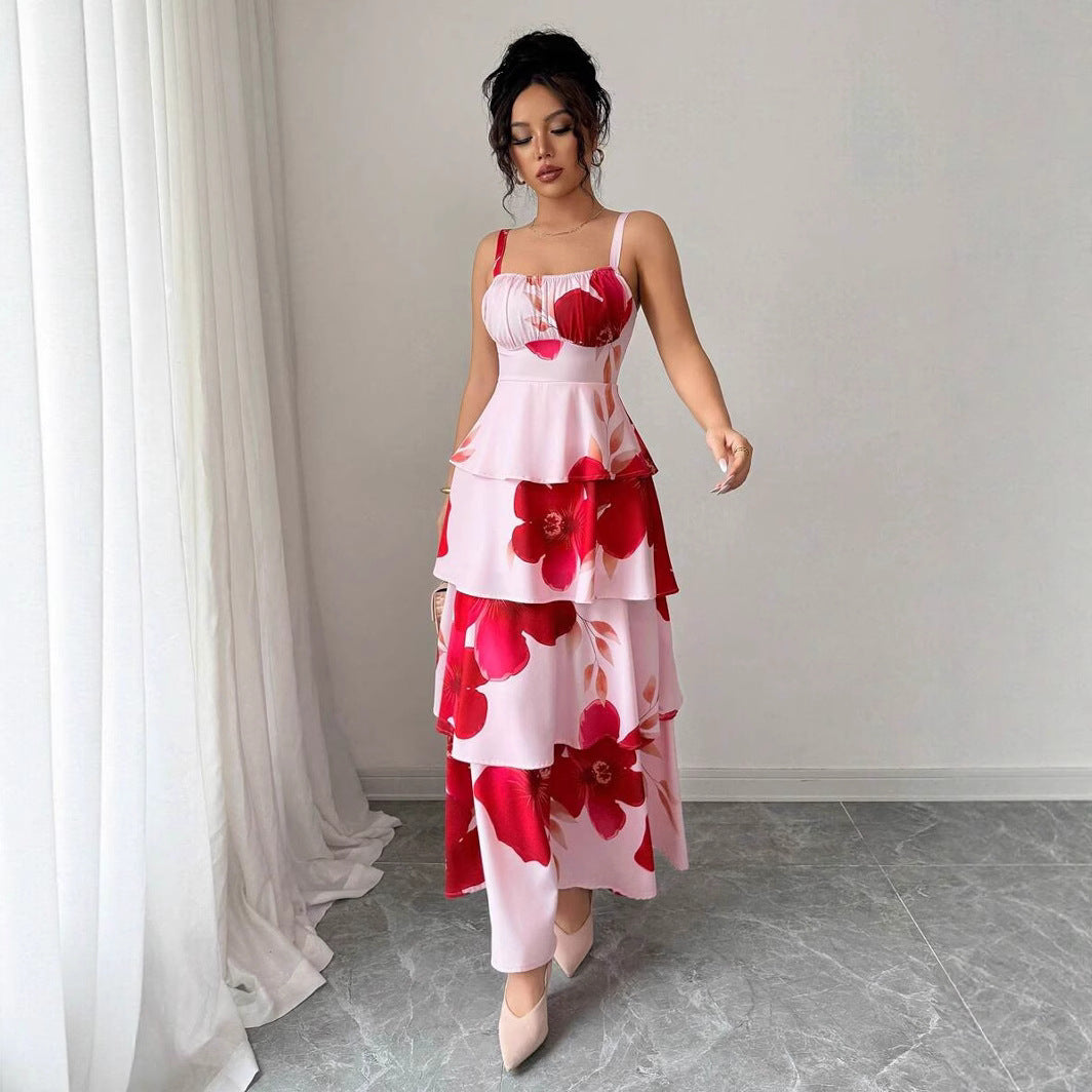 Dame Maxikjole med voluminøst flæsedesign og floral tryk Stilla