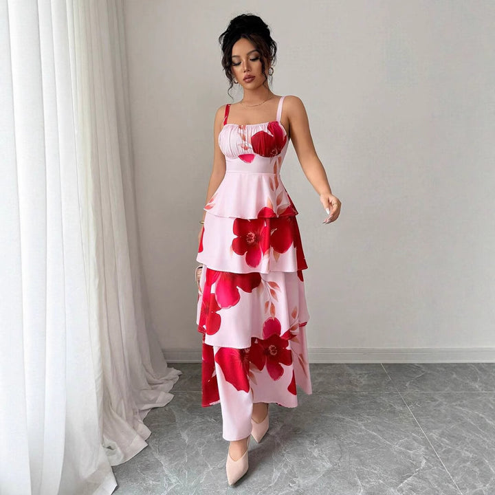 Dame Maxikjole med voluminøst flæsedesign og floral tryk Stilla