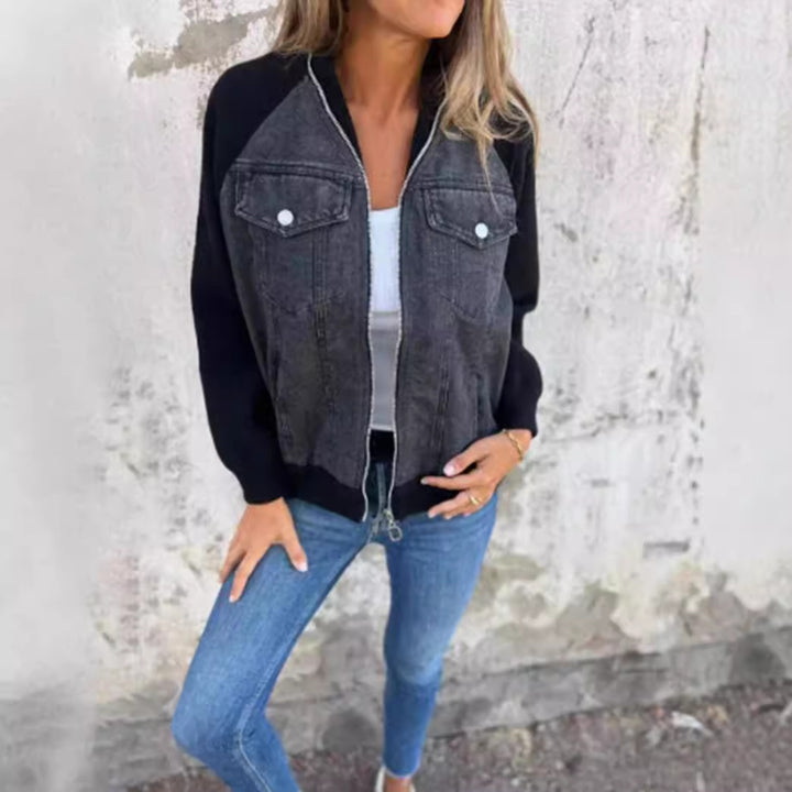 Dame nan Sweat-Jeans-Bomberjakke med raglanærmer brystlommer og lynlås Skovae