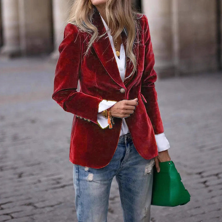 Damer Elegant Fløjl Blazer med Skræddersyet Pasform og Guld Knapper Stilla