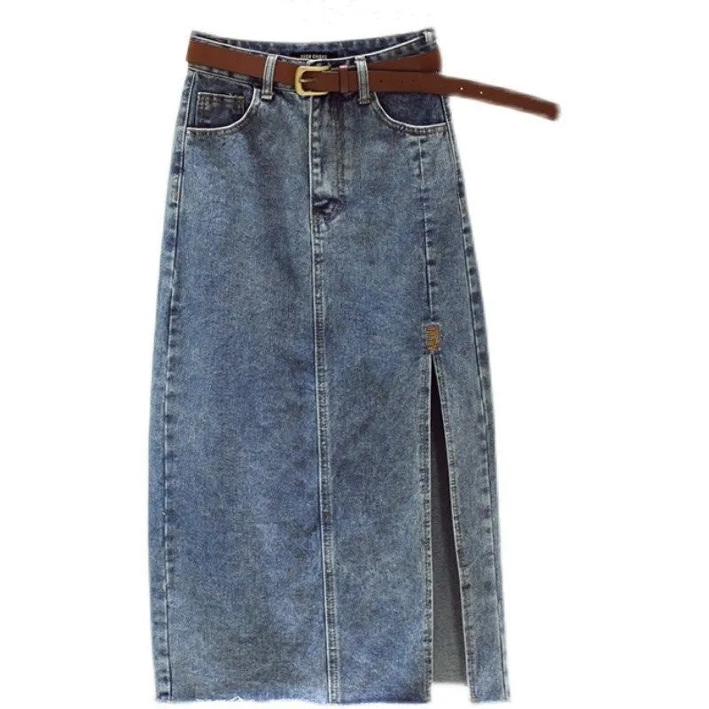 Kvindernes denim maxi nederdel med sideslids Stilla