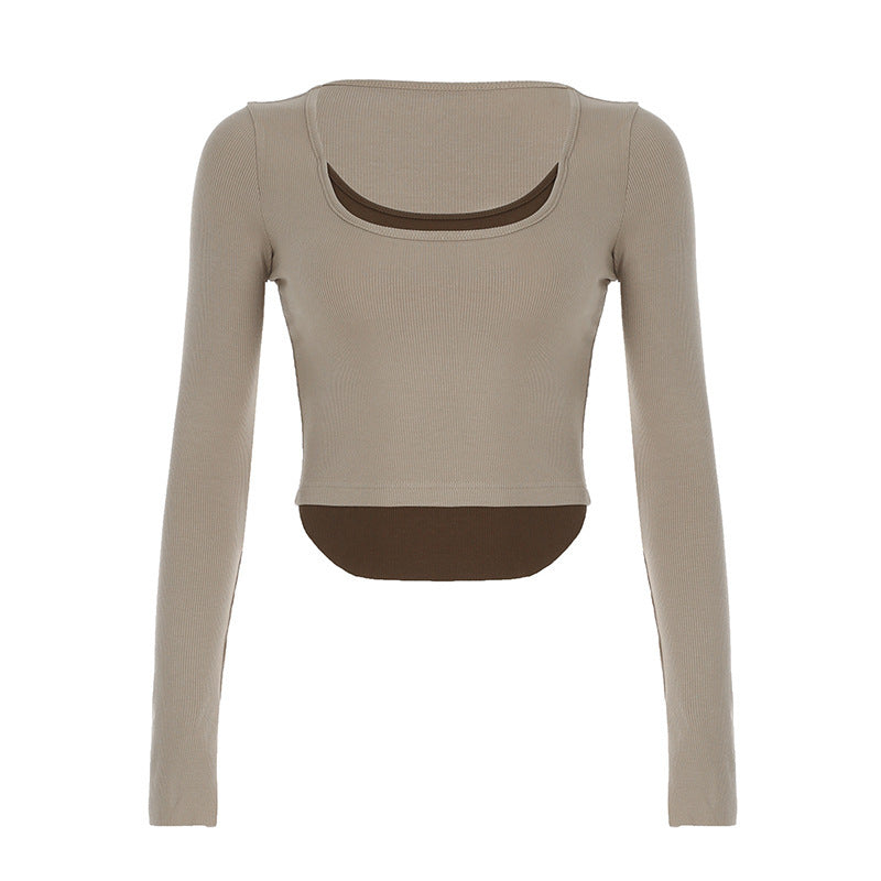 Dame Lange ærmet Crop-Top med dobbelt U-båd Halsudskæring og raffineret design Skovae