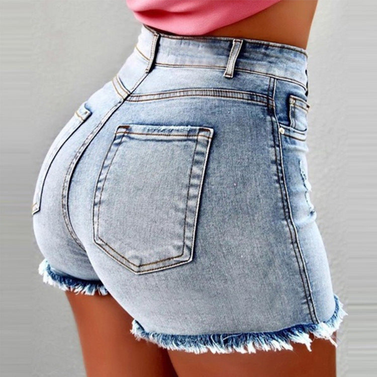 Dame High-Waist Jeans-Shorts med frynset kant Stilla