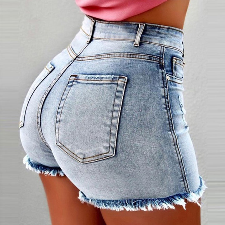 Dame High-Waist Jeans-Shorts med frynset kant Stilla