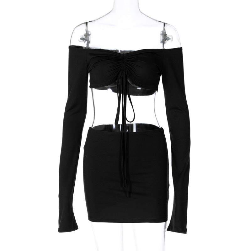 Dame Crop-Top og Nederdel Sæt med elegant Rynkning og lange Ærmer Stilla