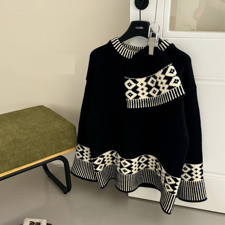 Kvinders stilfulde strikket sweater med geometrisk mønster og rund krave Stilla