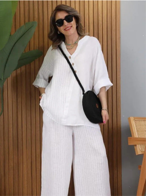 Dame Sommerlig Linnedbluse med brede Bukser Stilla