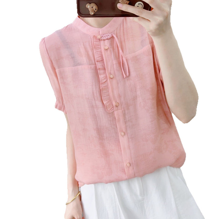 Dame chiffonbluse med elegant høj krave og fine ruffle detaljer Stilla