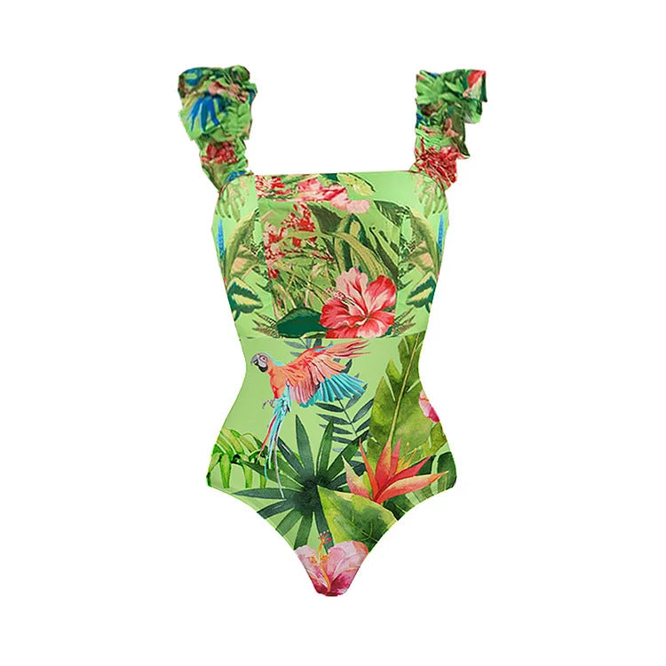Dame one-piece badedragt med blomstermønster og flæsedetaljer Skovae