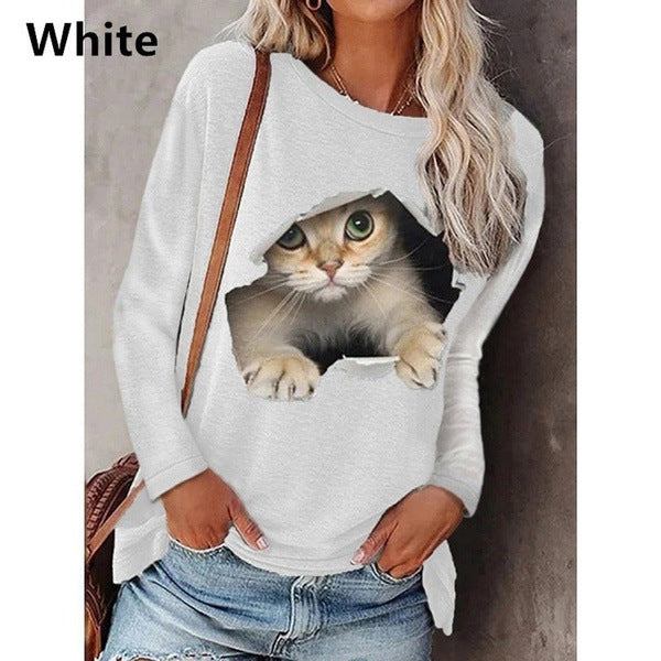 Dame afslappet sweatshirt med unikt kattemotiv og vid udskæring Stilla