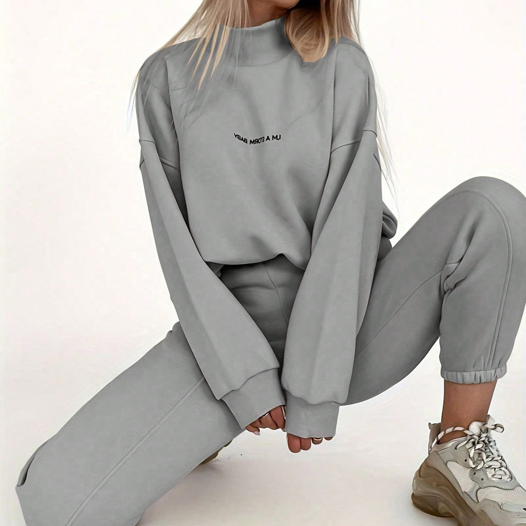 Kvinders sporty sweatshirt og joggingbukse sæt med høj krave og løs pasform Skovae