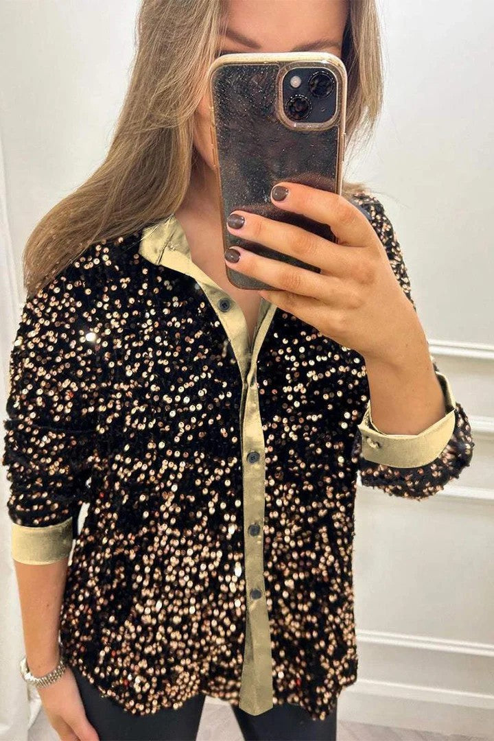 Kvindernes Funklende Paillet Bluse med Klassisk Krave Stilla