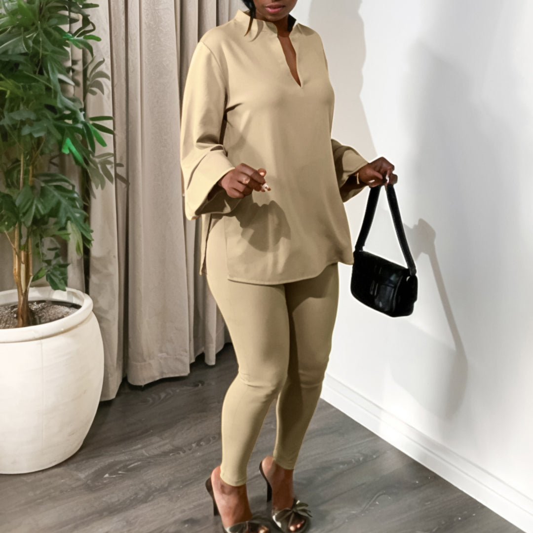 Dame afslappet to-dels sæt med elegant bluse og lange leggings Stilla