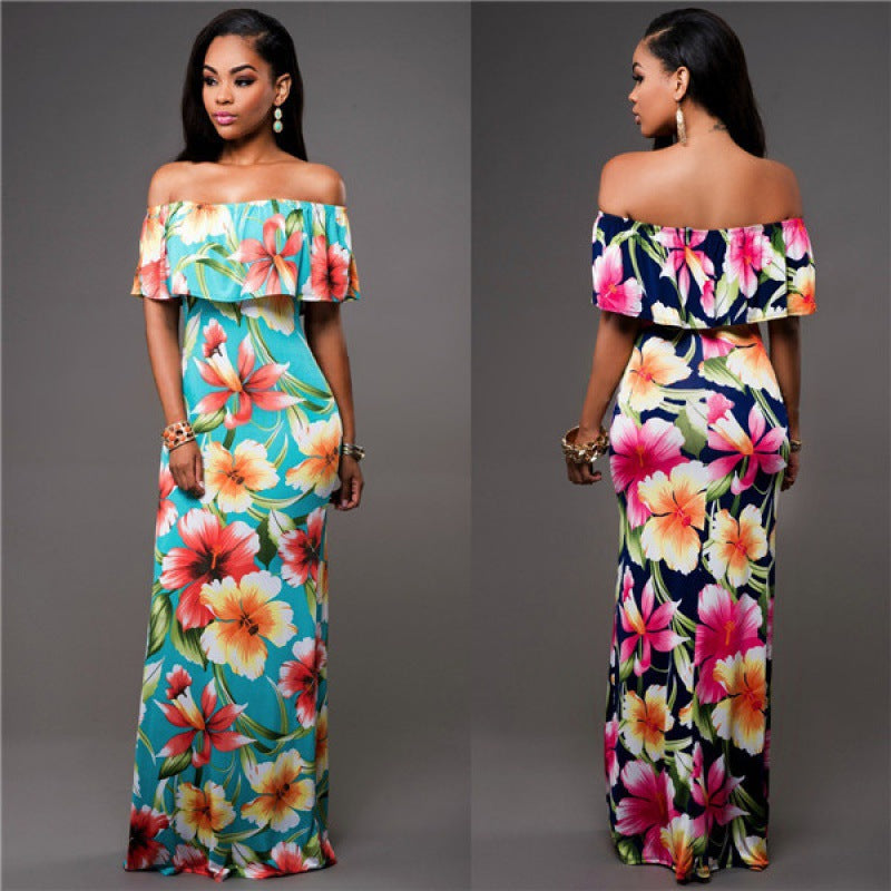 Kvinders maxikjole med off-shoulder halsudskæring og blomsterprint Stilla