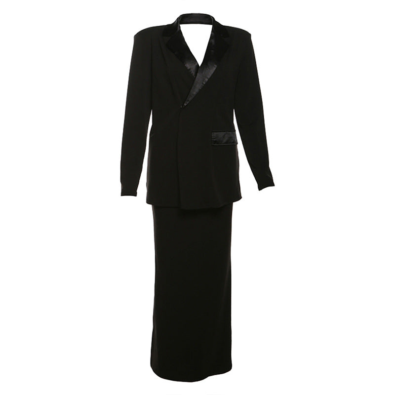 Dame elegant Blazer & Nederdel Sæt med luksuriøs Satin kant Stilla