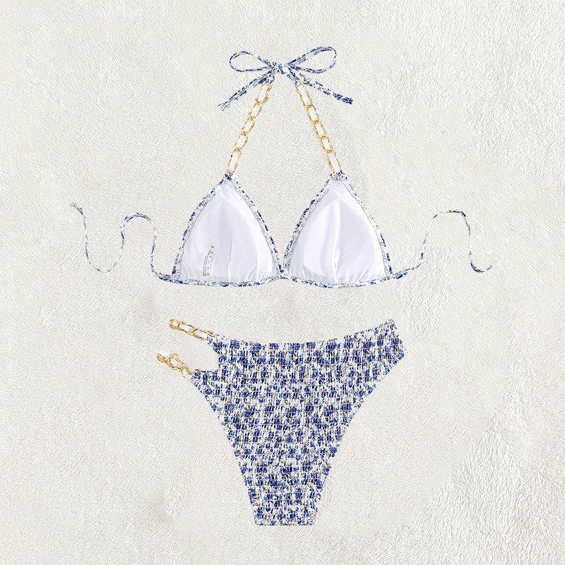 Dame triangle-bikini med kunstnerisk mønster og justerbare kæder Skovae