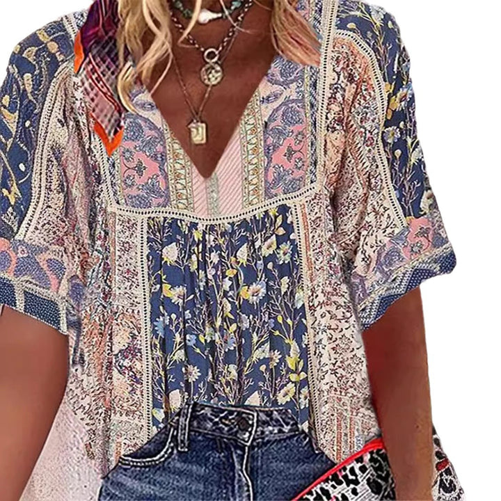 Damebluse i boho-stil med V-udskæring Stilla