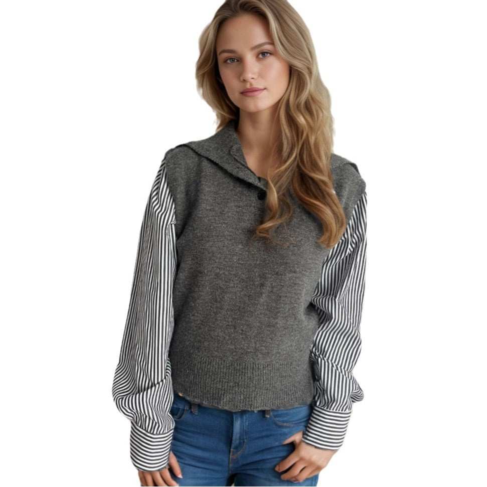Dame strikket sweater med elegante puffærmer og moderne opretstående krave Stilla