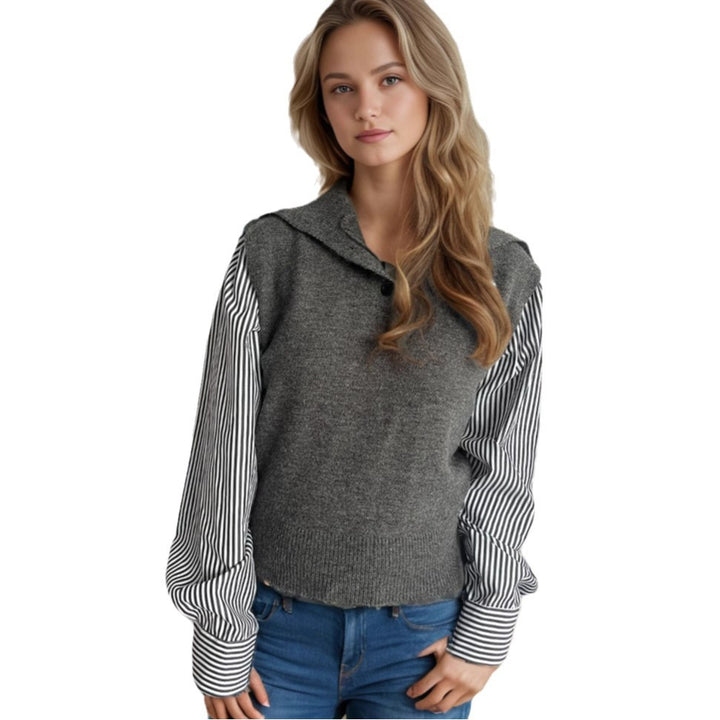Dame strikket sweater med elegante puffærmer og moderne opretstående krave Stilla