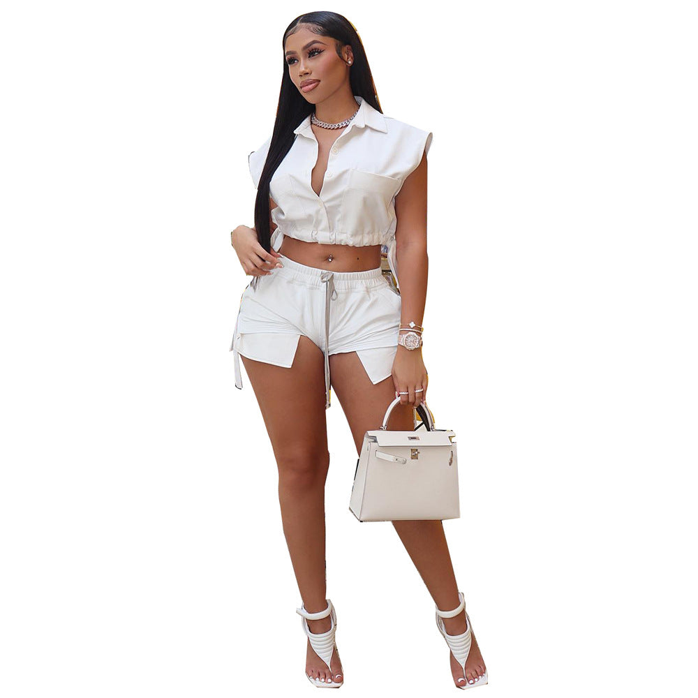Dame Trendy Kortærmet Crop Top og Høj Talje Shorts Sæt Stilla