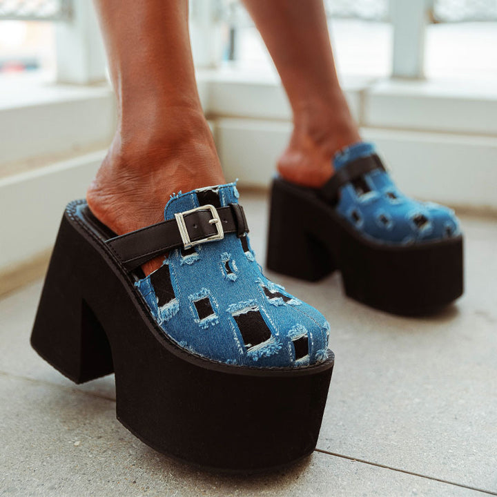 Dame Plateau-Mules med fashionable denim-design og robust bæresnor Stilla