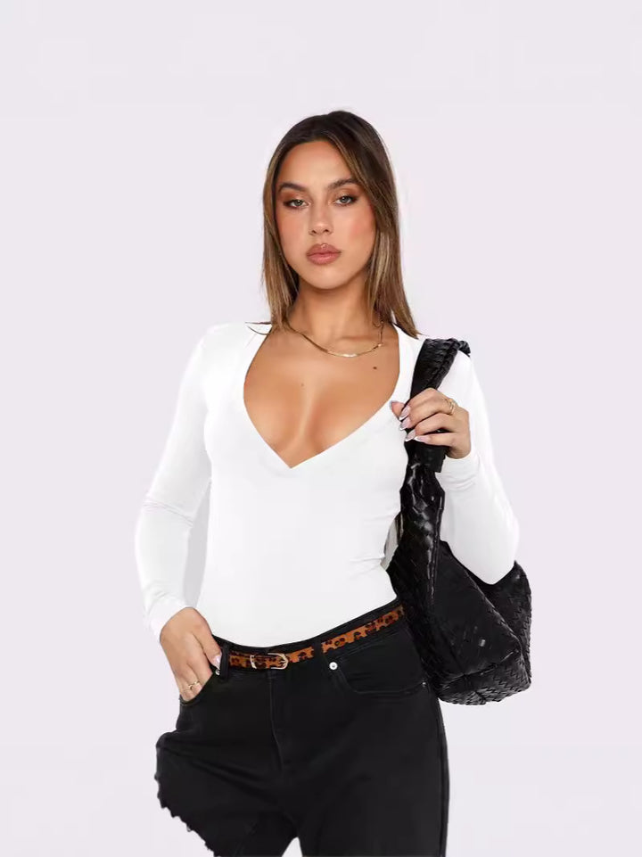 Dame V-hals bodysuit med lange ærmer i elastisk materiale Stilla