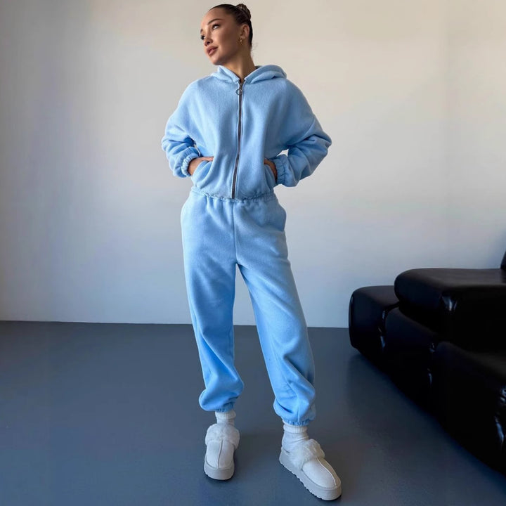 Kvinders stilfulde fleece loungewear sæt med cropped jakke og komfortable joggers Skovae