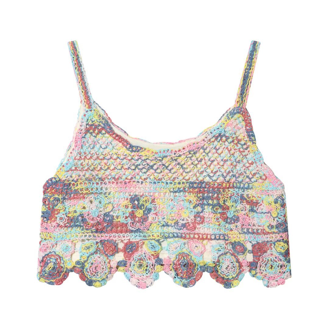 Dame luftig spids crop top med farverigt hækle mønster Skovae