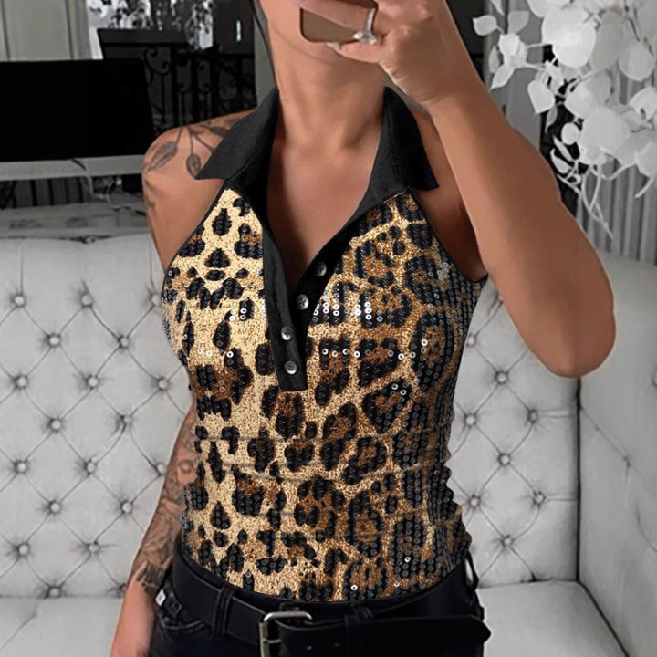 Dame Glamourøst Poloshirt med Pailletter og Leopardmønster Stilla