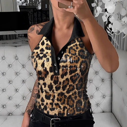 Dame Glamourøst Poloshirt med Pailletter og Leopardmønster Stilla