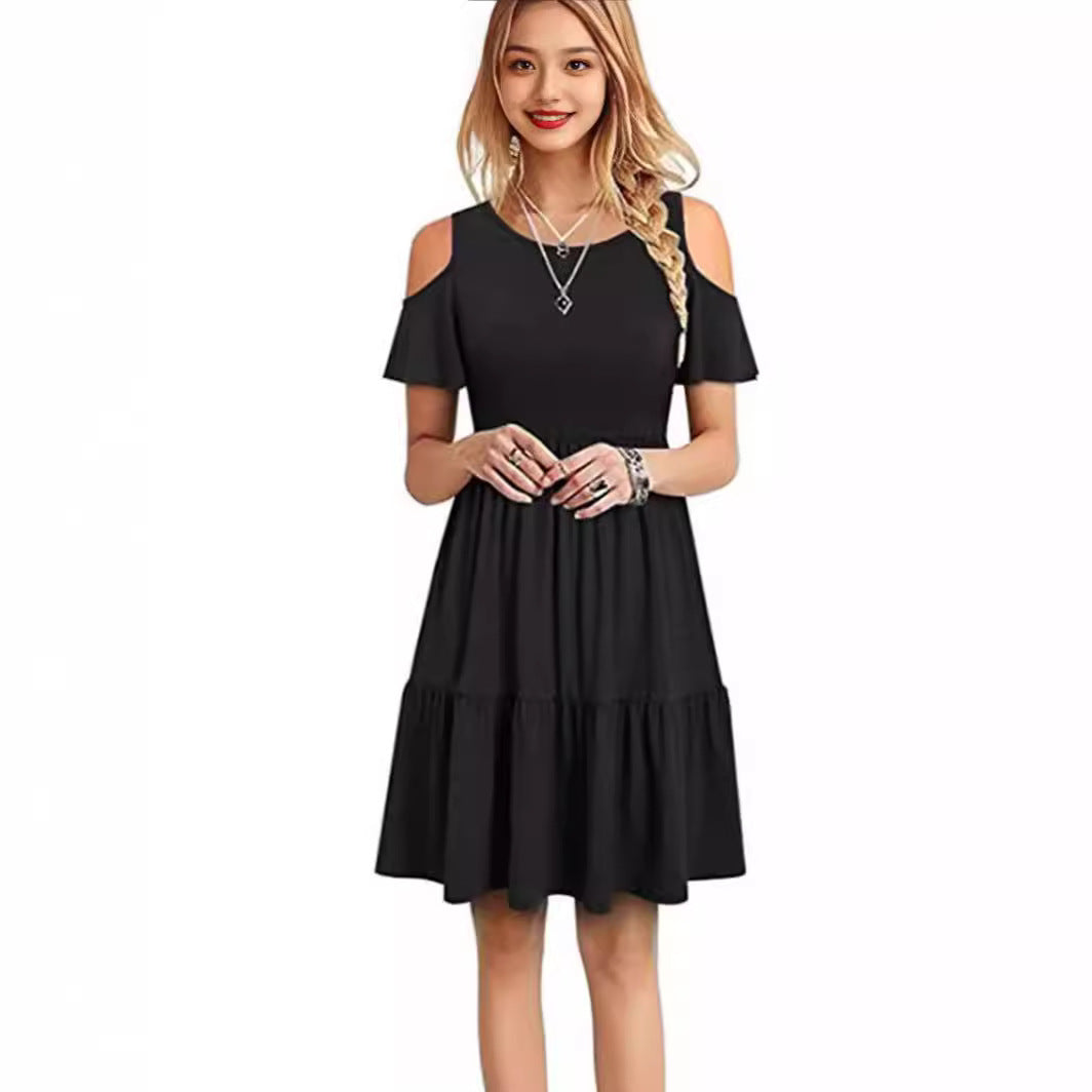 Dame afslappet kjole med kold skulderdesign og voluminøst skørt Skovae