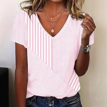 Dame nan striped V-neck blouse with asymmetric stripe mix and short sleeves Skovae