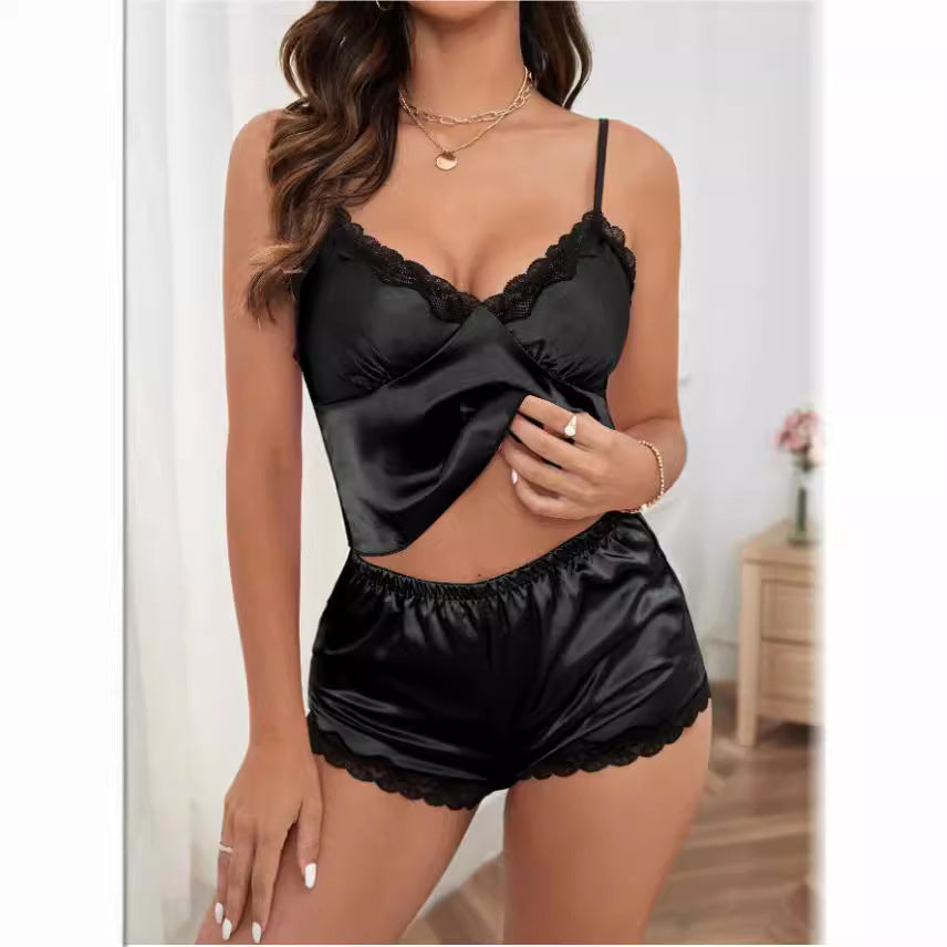 Dame Satin pyjamasæt med blonder Skovae