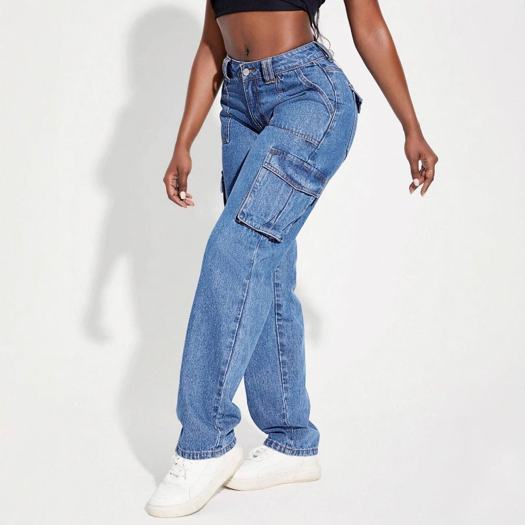 Dame Vintage Cargo Jeans med elastisk talje og sidelommer Stilla