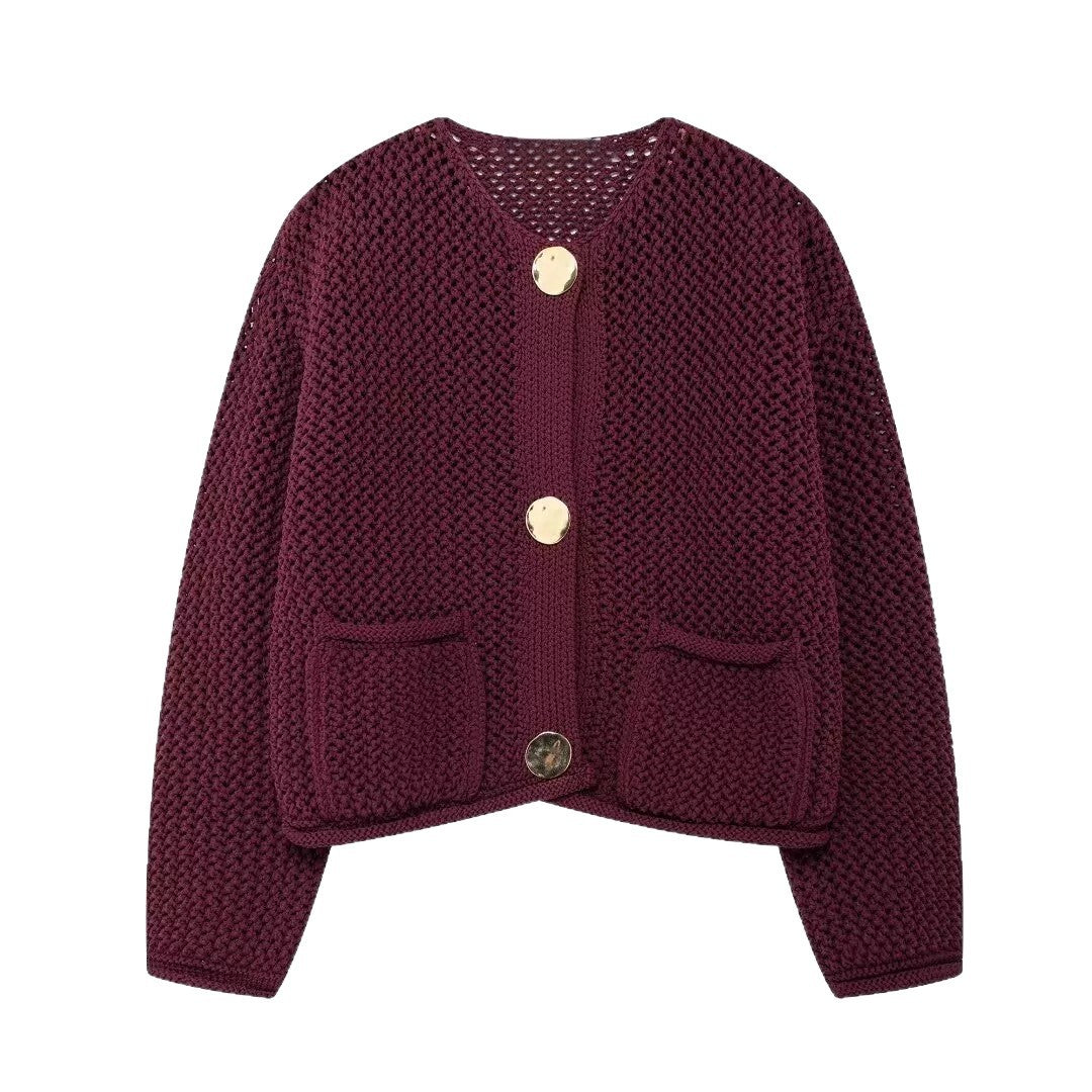 Dame mesh strik cardigan med praktiske lommer og dekorative knapper Stilla