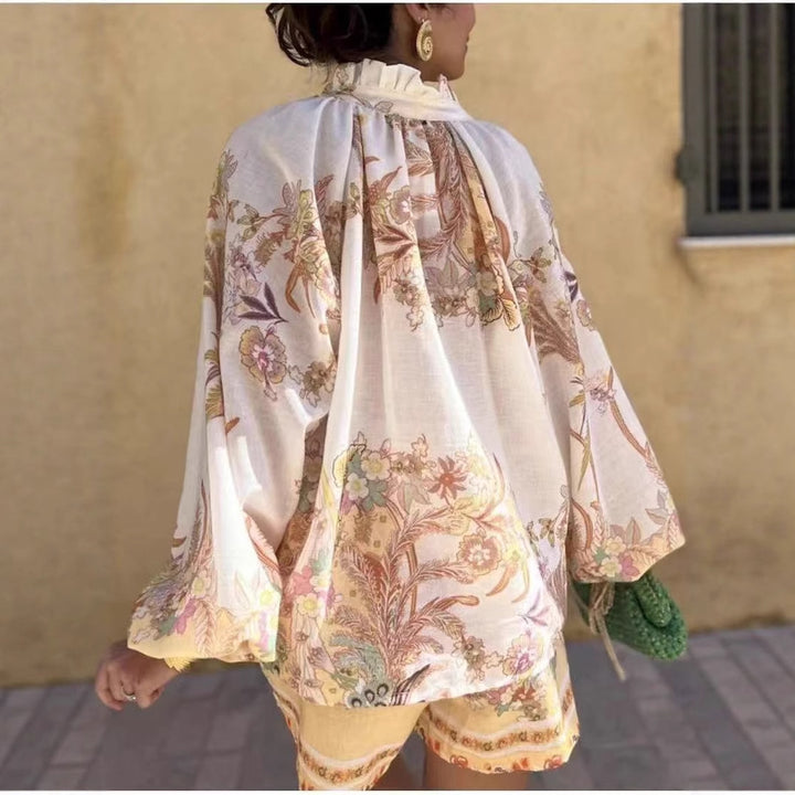 Dame Blusenshorts-sæt med floralt design og flæseærmer Stilla