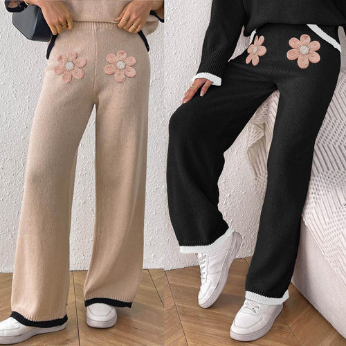 Damer komfortable strikbukser med blomsterapplikationsdesign Skovae