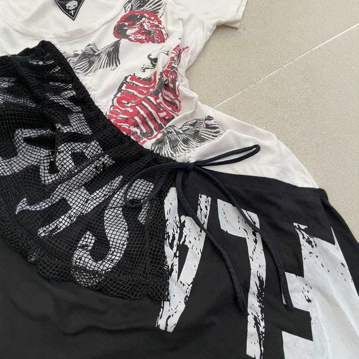 Dame afslappet T-shirt med unikt grafikdesign og sporty mesh-indlæg Skovae
