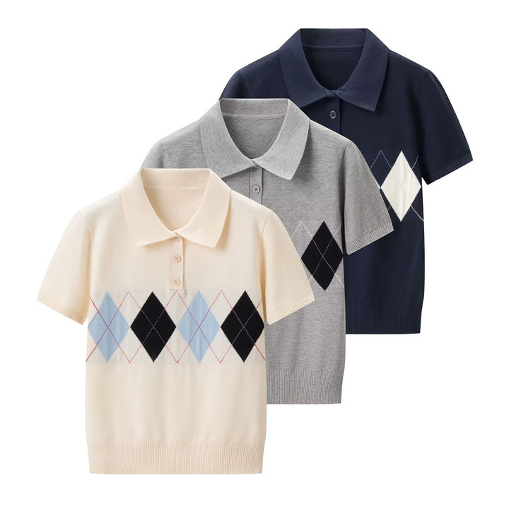 Dame polo shirt med moderne rhombemønster og fint bomuldsstof Skovae