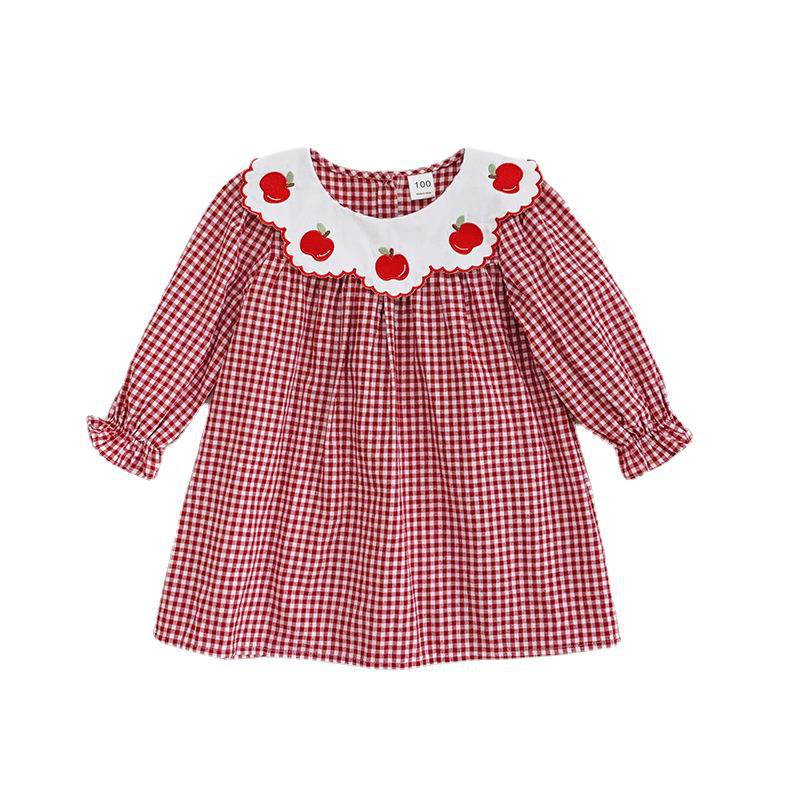 Pige Gingham Rude Kjole med legesyg Æble Broderi Stilla