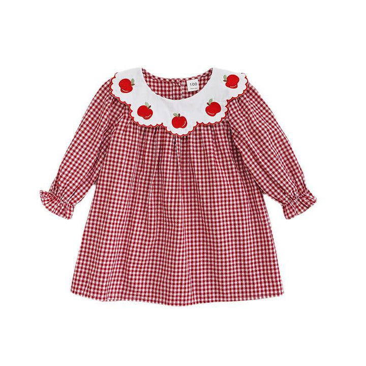 Pige Gingham Rude Kjole med legesyg Æble Broderi Stilla
