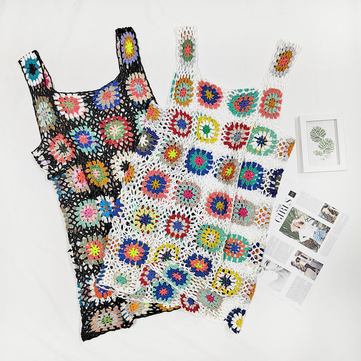 Dame luftig hæklekjole med farverigt granny-square-mønster Skovae